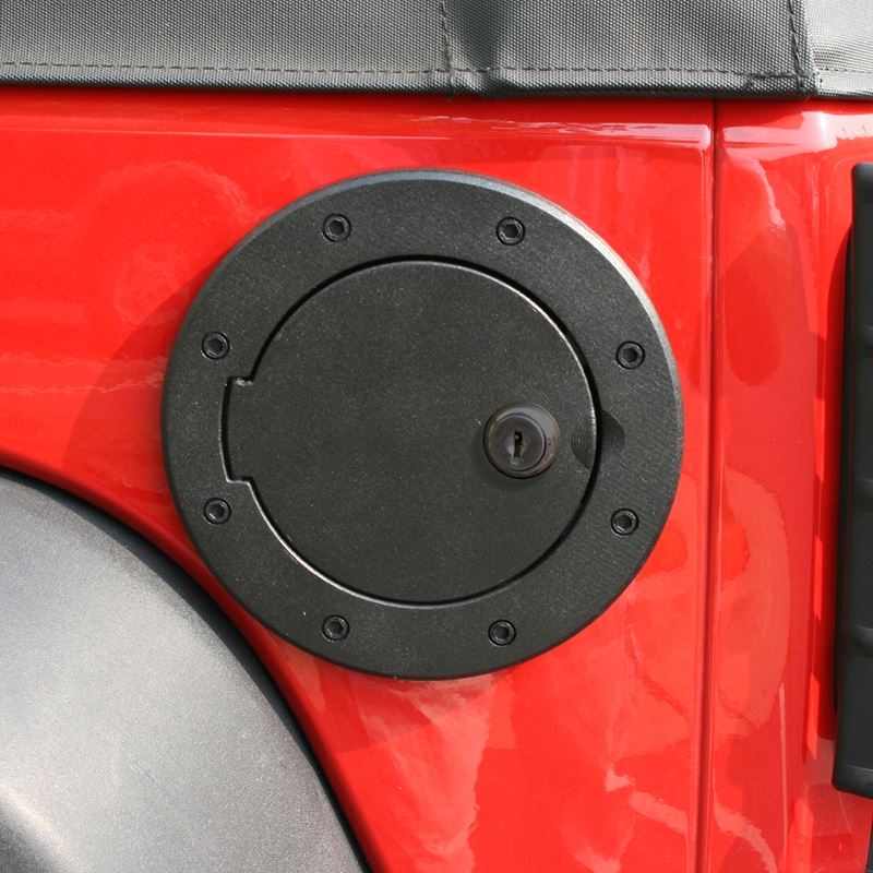 Locking Gas Cap Door, Black Aluminum; 07-16 Jeep W